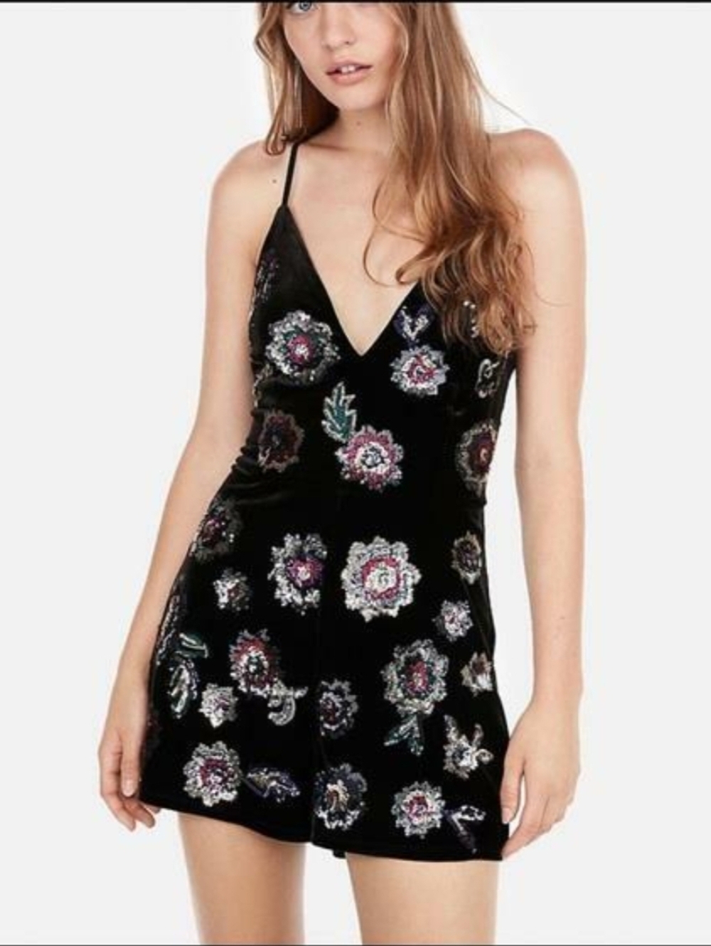 NWT Express Black Velvet Mini Romper Multicolor Floral Sequin Embroidery Size M
